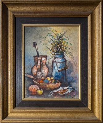 une peinture à l'huile représentant un vase avec des fleurs et des fruits posé sur une table