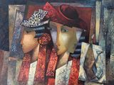 un tableau représentant deux femmes portant des chapeaux et des écharpes
