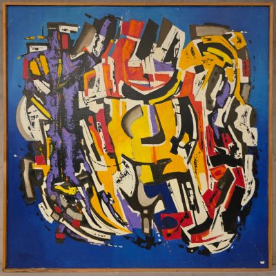 une image représentant un tableau accroché au mur, sur fond bleu