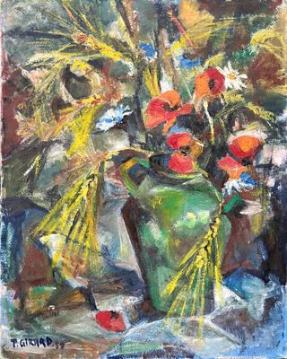 une peinture à l'huile représentant un vase de fleurs sur une table