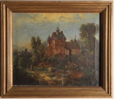 an old painting of a castle in a wooded setting