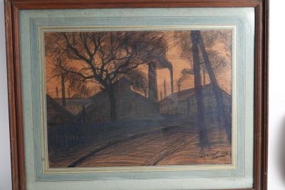 framed picture of a painting of a street scene with buildings and trees