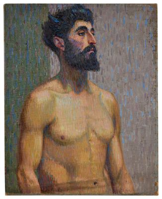 an image of a painting of a man with a beard and no shirt