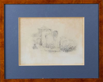 dessin d'un château dans un cadre en bois avec un passe-partout bleu