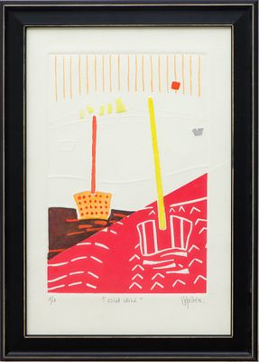 peinture représentant un bateau sur un fond rouge, avec un mât jaune