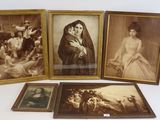 three framed photographs of women in formal dresses and a man in a tuxedo