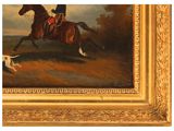 an oil painting of a horse and a dog running in a field