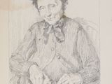 drawing of a woman sitting in a chair with a flower crown on her head