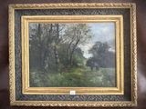 un tableau représentant un paysage boisé avec une maison au loin