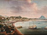 painting of a view of a harbor with boats in the water and a mountain in the distance