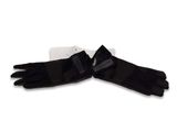 pair of black gloves on white surface with black ribbon
