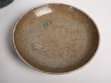 a brown plate with a small green dot on it