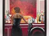 painting of a woman in a black dress in front of a bar
