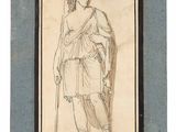 an old drawing of a man with a staff and a sword