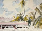 a watercolor painting of a boat in the water