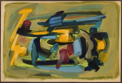 painting of a painting of a yellow and blue motorcycle with a black top