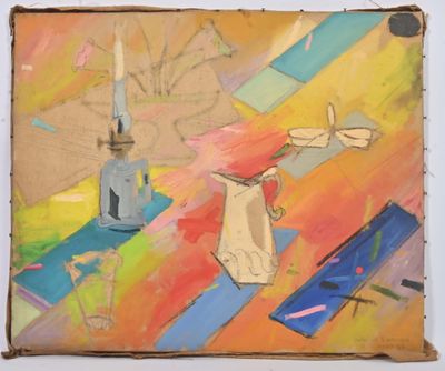 a painting of a vase and a candle on a table