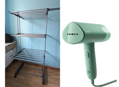 two pictures of a hair dryer and a drying rack