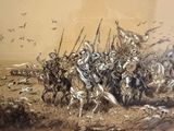 painting of a group of men riding horses in a field
