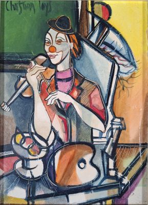 un tableau représentant une femme assise à un bureau, un micro à la main