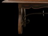a wooden table with a clock on top of it