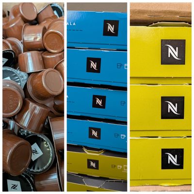 three different pictures of a box of chocolates and a box of coffee