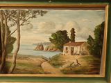 a picture of a painting of a house by the water
