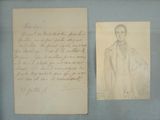 un vieux dessin représentant un homme en manteau à côté d'une feuille de papier