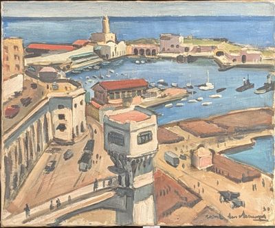 painting of a view of a harbor with boats in the water