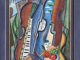 painting of a painting of a violin, fruit, and a piano