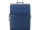 the blue suitcase is sitting on wheels on a white surface