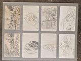 several drawings of people and animals are shown on a piece of paper