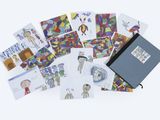 a bunch of cards with pictures of people and animals on them