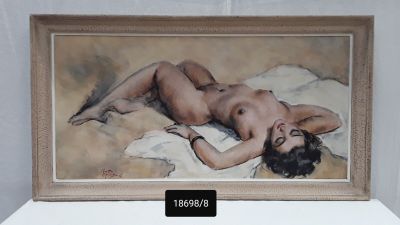 a painting of a nude woman laying on a bed