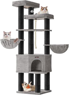deux chats sont assis au sommet d'un arbre à chat