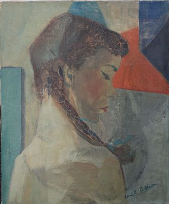 painting of a woman holding an umbrella in front of a blue and red umbrella