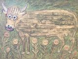 un dessin représentant une vache dans un champ fleuri