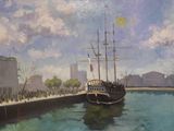 une peinture représentant un bateau dans l'eau