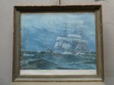 une peinture à l'huile représentant un voilier sur une mer agitée