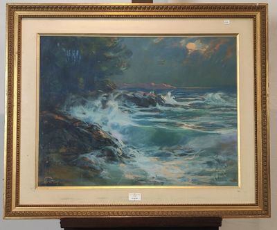 une image représentant un tableau où l'on voit des vagues se briser sur un rivage rocheux