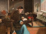 an image of a painting of a man sitting in a chair reading a book