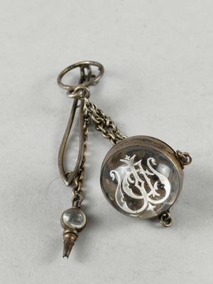 an image of a close up of a keychain with a clock on it