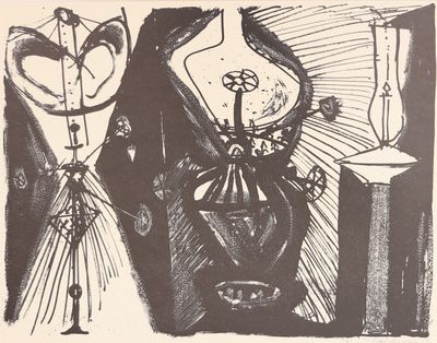 un dessin en noir et blanc représentant un vase et une lampe