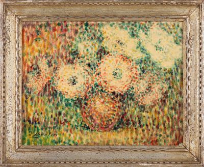 une peinture de fleurs dans un vase sur une table