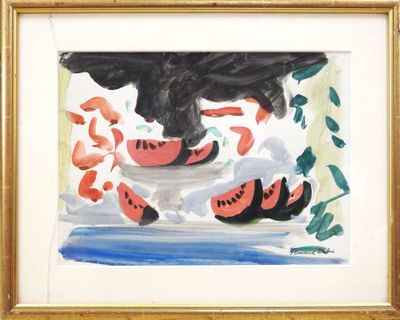 un tableau représentant des pastèques et un chat noir, dans un cadre doré