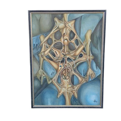 painting of a skeleton in a frame with a blue background