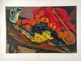 une peinture représentant une nature morte avec des oranges sur une table