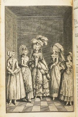 un vieux livre avec l'image d'une femme en costume d'apparat