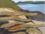 une peinture à l'huile représentant des rochers sur une plage, avec un plan d'eau en arrière-plan