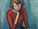 painting of a man sitting on a stool with his hand on his chin